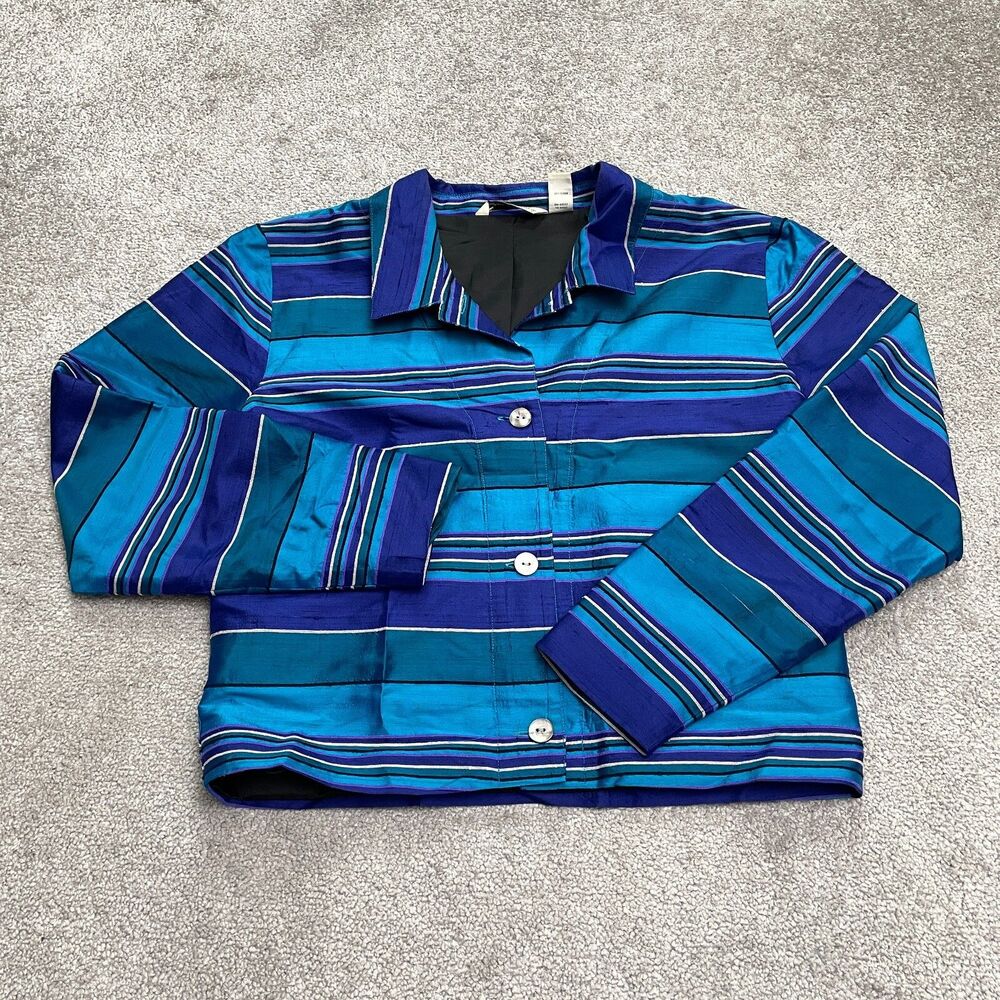 French Laundry Vintage 100% Silk Textured Jacket Womens XL Blue Striped Lined
